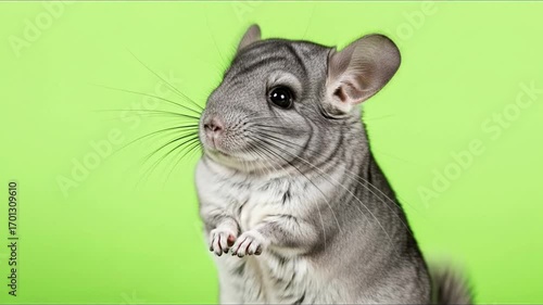 A close-up studio shot of a fluffy gray chinchilla with a bright green background.