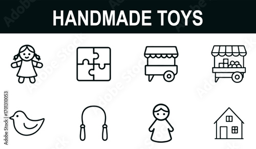 Handmade Toys Icon Set – Black Line Art of Dolls, Jump Ropes, Puzzle Pieces, Toy Carts & Playhouse for Cultural, Educational & Craft Projects