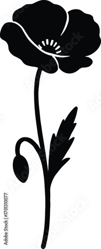 vector silhouette, poppy delicate petals on tall thin stem with seed pod hint, solid black
