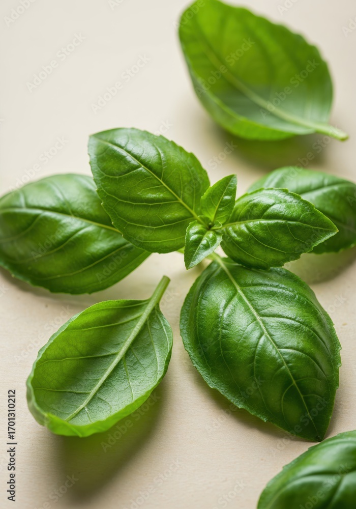 Obraz premium Basil Leaves: Fresh basil leaves, radiating a natural beauty, showcased against a subtle backdrop, a visual symphony of organic and fresh produce.