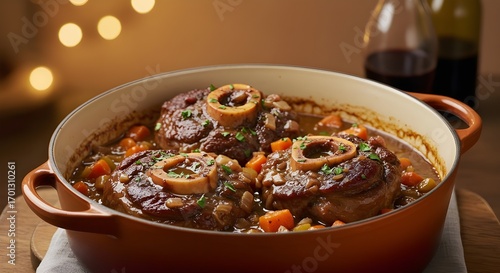 Traditional Italian ossobuco slowly cooked in red wine, tender meat and rich savory flavor shown.