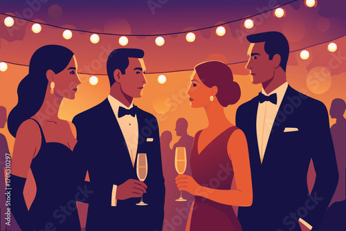 Illustration of a formal evening event with elegant attendees socializing under soft ambient lighting, creating a warm and sophisticated atmosphere.