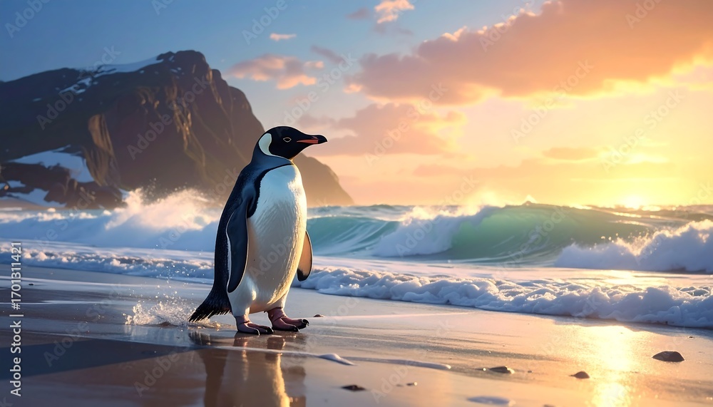 Obraz premium A majestic penguin strolls along a sandy beach at sunset, with dramatic ocean waves crashing against the shore.