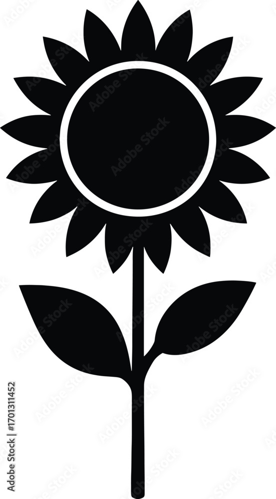 Fototapeta premium vector silhouette, sunflower front view, large circular head with petals, short stem, solid black