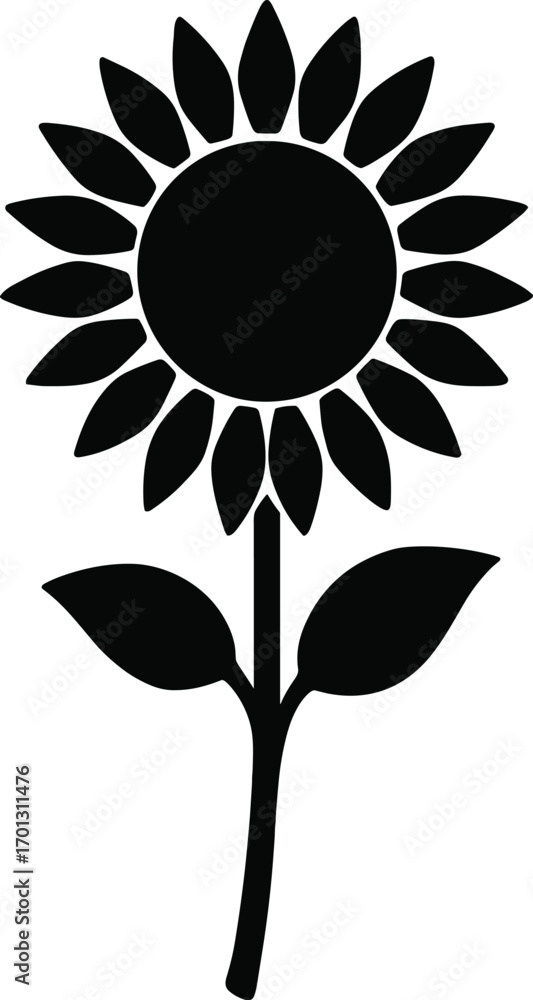 Fototapeta premium vector silhouette, sunflower front view, large circular head with petals, short stem, solid black