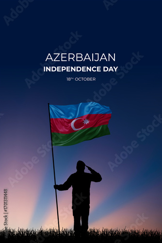 National flag of Azerbaijan flutters in military man hands