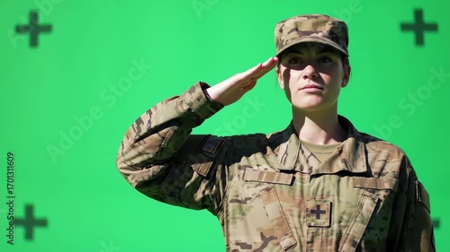 A female soldier in camouflage uniform salutes against a bright green screen backdrop.