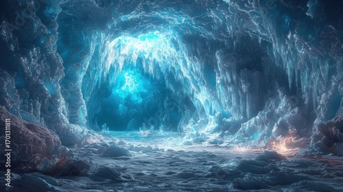 Glowing blue ice cave interior with icy formations.