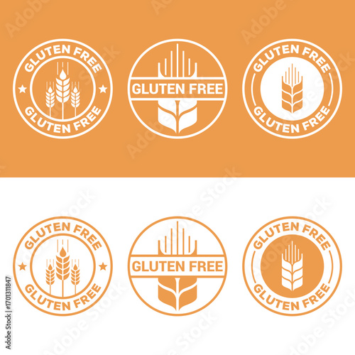Gluten free product labels in white on an orange background for food safety Vector