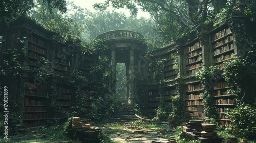 Overgrown library ruin with bookshelves and plants.