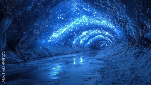 Magical blue ice cave tunnel with glowing lights and water.