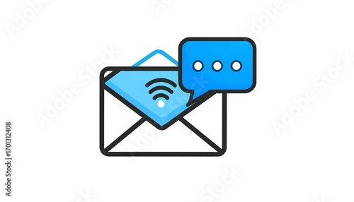 A vibrant graphic depicts an email icon with a wifi symbol and a speech bubble, conveying a message of connected communication.