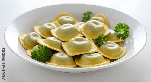 Handmade stuffed ravioli served on plate, artisanal Italian pasta with rich flavorful filling shown.