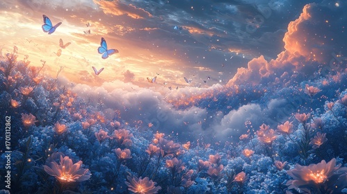 Magical sunset landscape with blooming flowers and butterflies.