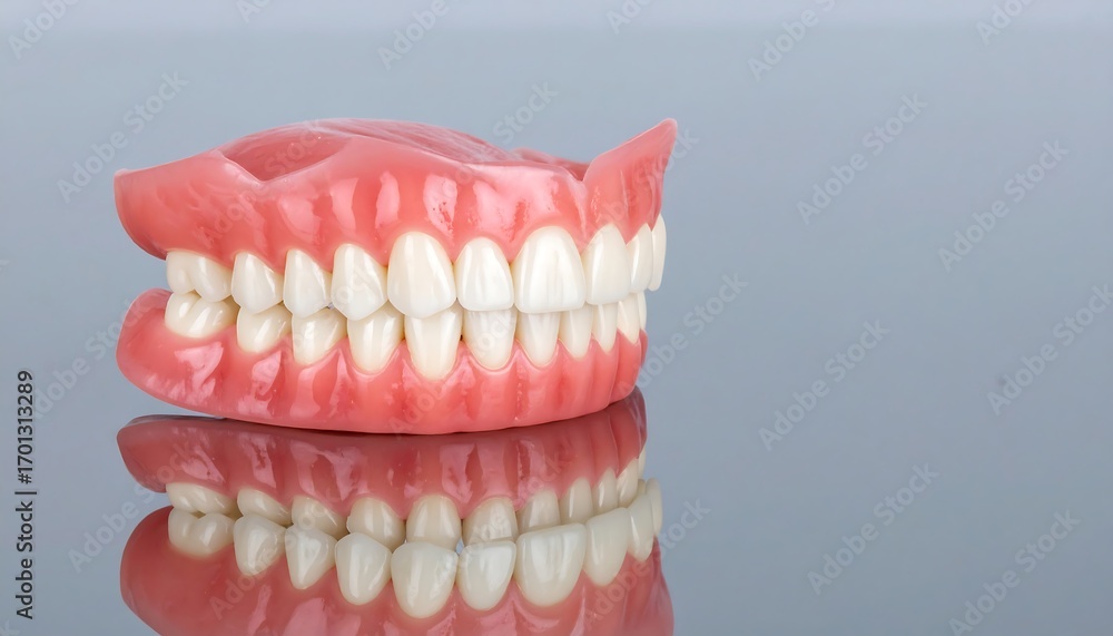 Fototapeta premium A full dental prosthesis, meticulously detailed, is displayed against a neutral backdrop, showcasing the realistic form and color of a dental appliance.