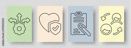 Essential business icons representing choices, health, insurance, documents, and teamwork, perfect for digital marketing and corporate branding
