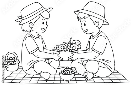 Grapes vector illustration of two children sharing a bowl of fruit while sitting on a picnic cloth with baskets around drawn in clean black line art style for healthy food, family, and design