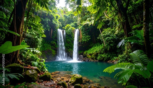 Double waterfalls cascade into a turquoise pool, surrounded by lush, verdant rainforest vegetation