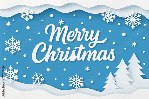 Christmas card with snowflakes and trees, isolated background. Cool winter scenery and holiday festive graphic