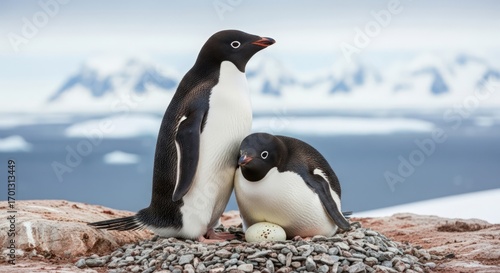 A pair of Adélie penguins tend to their egg in a rocky nest with a snowy Antarctic landscape in the background.