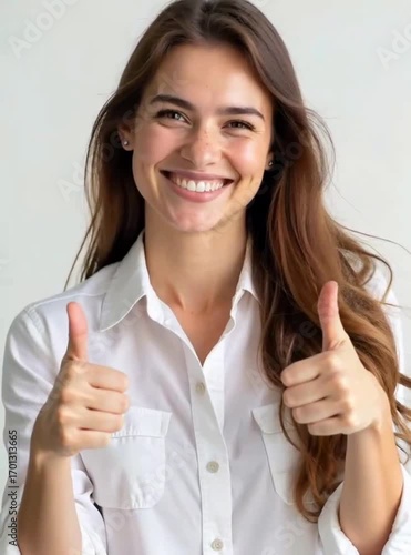 Wallpaper Mural Portrait of a cheerful young woman giving double thumbs up and smiling confidently. Positive expression, success and approval concept, isolated on white background. Torontodigital.ca