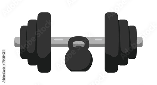 a barbell with weights and a kettlebell beside it