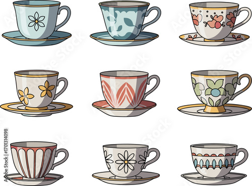 PrintColorful vintage teacups collection with floral and retro designs, elegant ceramic drinkware illustration perfect for kitchen decor and invitations.