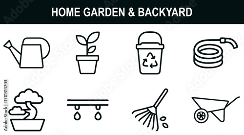 Home Garden and Backyard Icon Set – Vector Illustrations of Gardening Tools, Potted Plants, Irrigation, Recycling, and Outdoor Care for Eco-Friendly Projects and Lifestyle Platforms