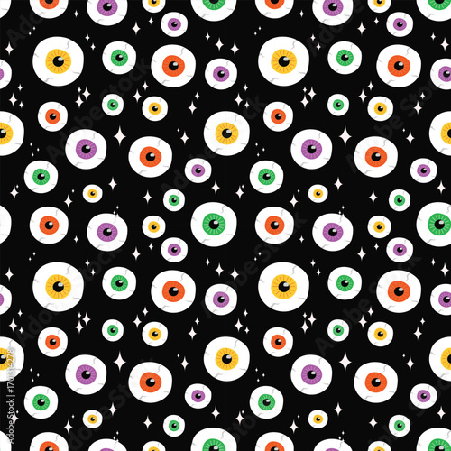 Halloween Seamless Pattern with Cute Ghosts, cat, pumpkin and evil eye.