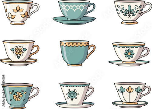 PrintVintage tea cups collection with floral patterns and saucers, elegant porcelain drinkware set illustration for kitchen, cafe, or decoration use.