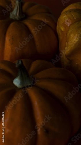 Close-up of orange pumpkins motion, showcasing warm autumn colors and a rustic texture, suggesting themes of fall, harvest, and the cozy seasonal atmosphere.