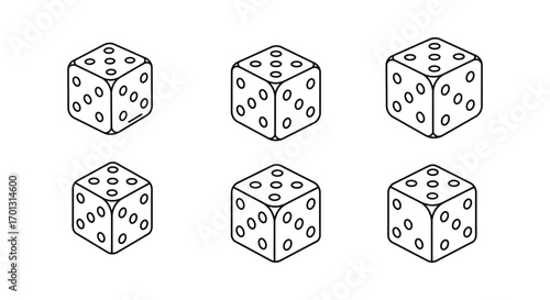 six dice arranged neatly showing various numbers on faces