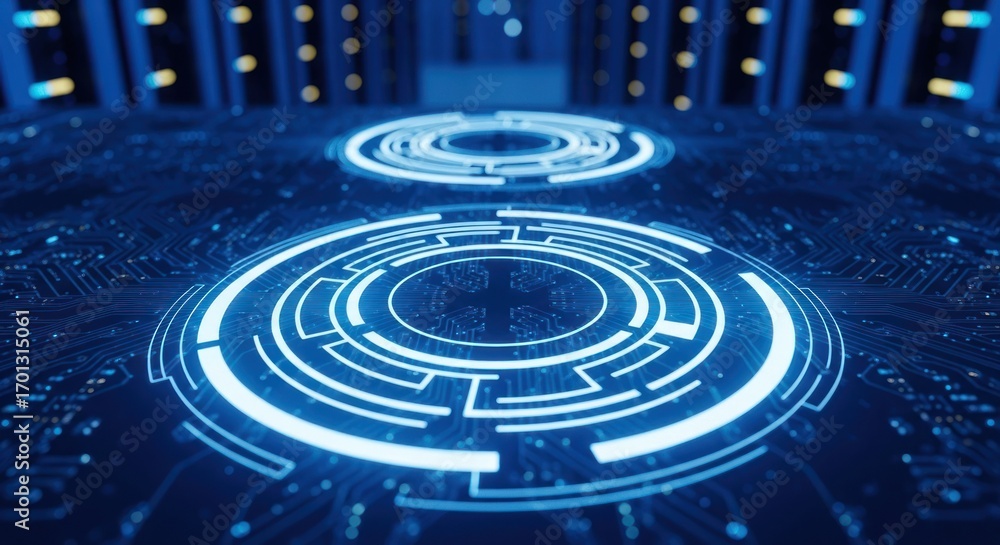 Fototapeta premium Blue circuit board with glowing concentric circles, abstract tech pattern