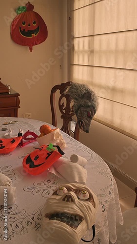 Wind moving curtain of home dining table room displaying an assortment of Halloween masks, themed decorations, and creative designs.
