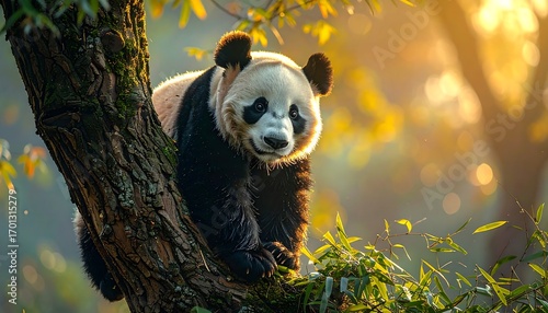 A captivating panda rests high in a sun-drenched tree, its black and white fur contrasting beautifully against the warm golden light filtering through the foliage.