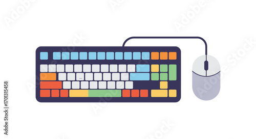 a colorful keyboard connected to a sleek computer mouse