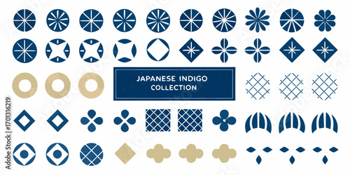 Collection of japanese indigo patterns and motifs in traditional geometric and floral designs