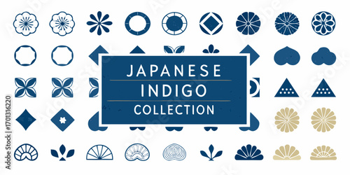 Collection of japanese indigo style traditional geometric and floral motifs and symbols