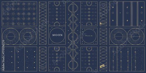 Elegant celestial pattern with geometric designs and moon motifs on a dark blue background