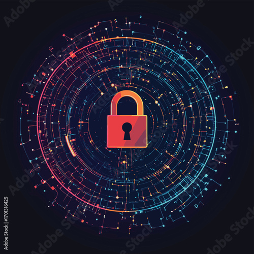 Data security emblem featuring padlock surrounded by digital lines and colorful circle frame conveying robust protection within a network environment , vector style simple color