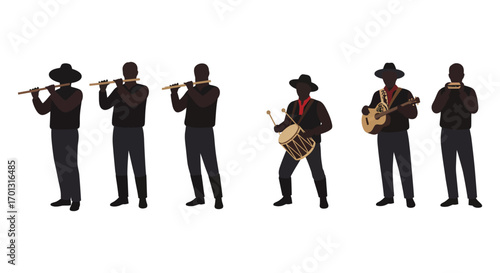 musicians playing instruments together in a line formation