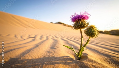 Fototapeta Naklejka Na Ścianę i Meble -  Purple Thistle Blooming in Desert Sand Dune