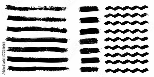 Collection of black hand painted brush strokes and zig zag lines on white background