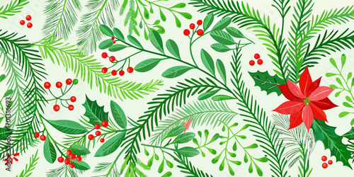 Festive christmas botanical background with evergreen branches holly berries and poinsettia flower