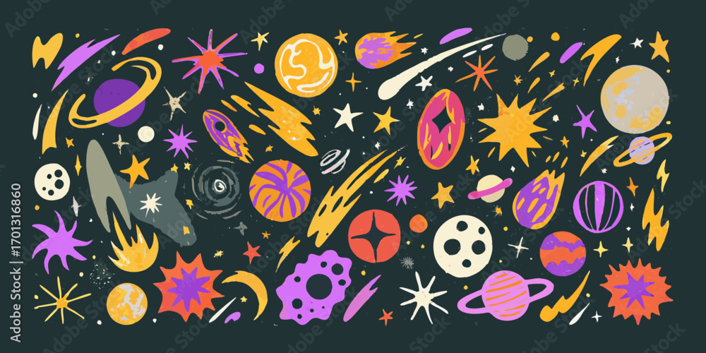 Obraz premium Whimsical hand drawn space elements featuring planets stars comets and rockets in vibrant colors
