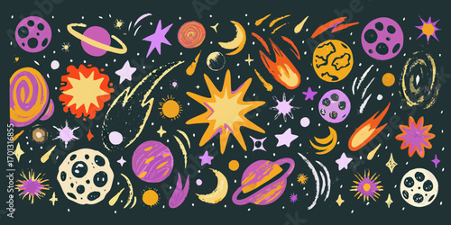 Whimsical hand drawn space elements featuring planets stars comets and moons in vibrant colors