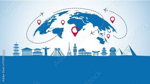 World map travel route location animation, Pin locations on world map, Planes routes flying over world map, tourism and travel concept