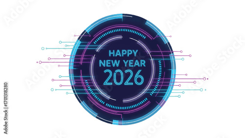 Futuristic circular graphic celebrating Happy New Year 2026 with glowing digital lines and abstract tech elements.