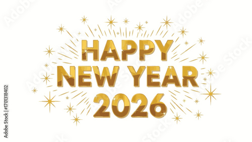Golden "Happy New Year 2026" text illuminated with sparkling fireworks and festive starbursts against a clean white background, celebrating the upcoming year.