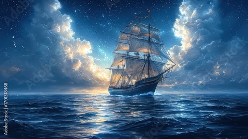 Majestic sailing ship at sunset, dramatic clouds, starry night sky, ocean waves.